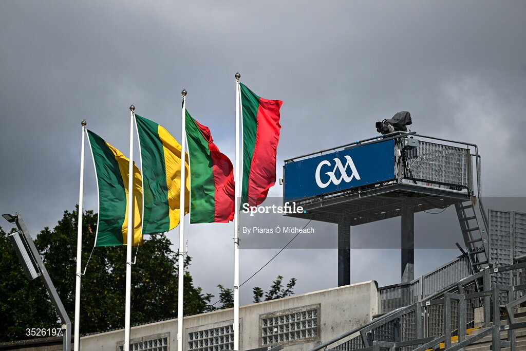 26 July 2026; Kerry and Mayo flags flying on Hill 16 before the GAA Football All-Ireland Senior Championship final match between Kerry and Mayo at Croke Park in Dublin. Photo by Piaras Ó Mídheach/Sportsfile
