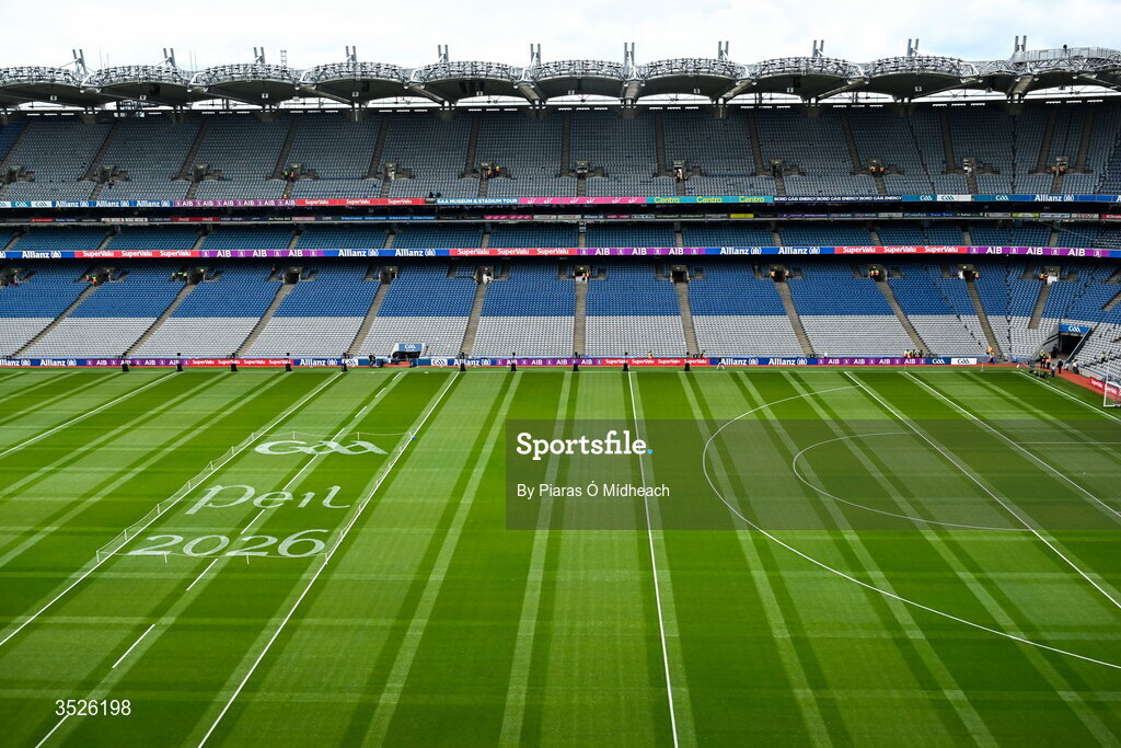 26 July 2026; A general view of the pitch before the GAA Football All-Ireland Senior Championship final match between Kerry and Mayo at Croke Park in Dublin. Photo by Piaras Ó Mídheach/Sportsfile