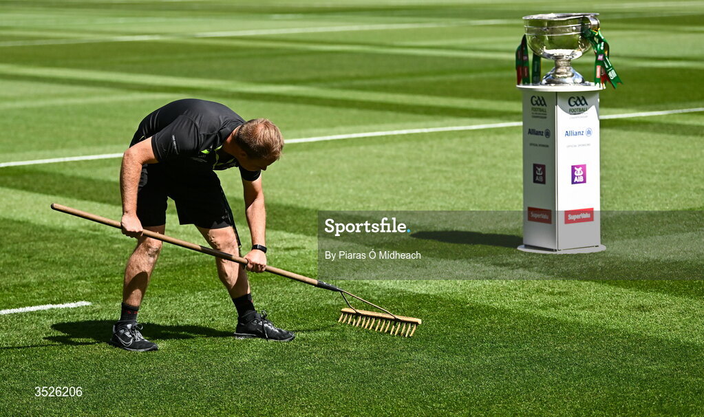 26 July 2026; Groundsman Keith Cawley tends to the pitch, near the Sam Maguire Cup, before the GAA Football All-Ireland Senior Championship final match between Kerry and Mayo at Croke Park in Dublin. Photo by Piaras Ó Mídheach/Sportsfile