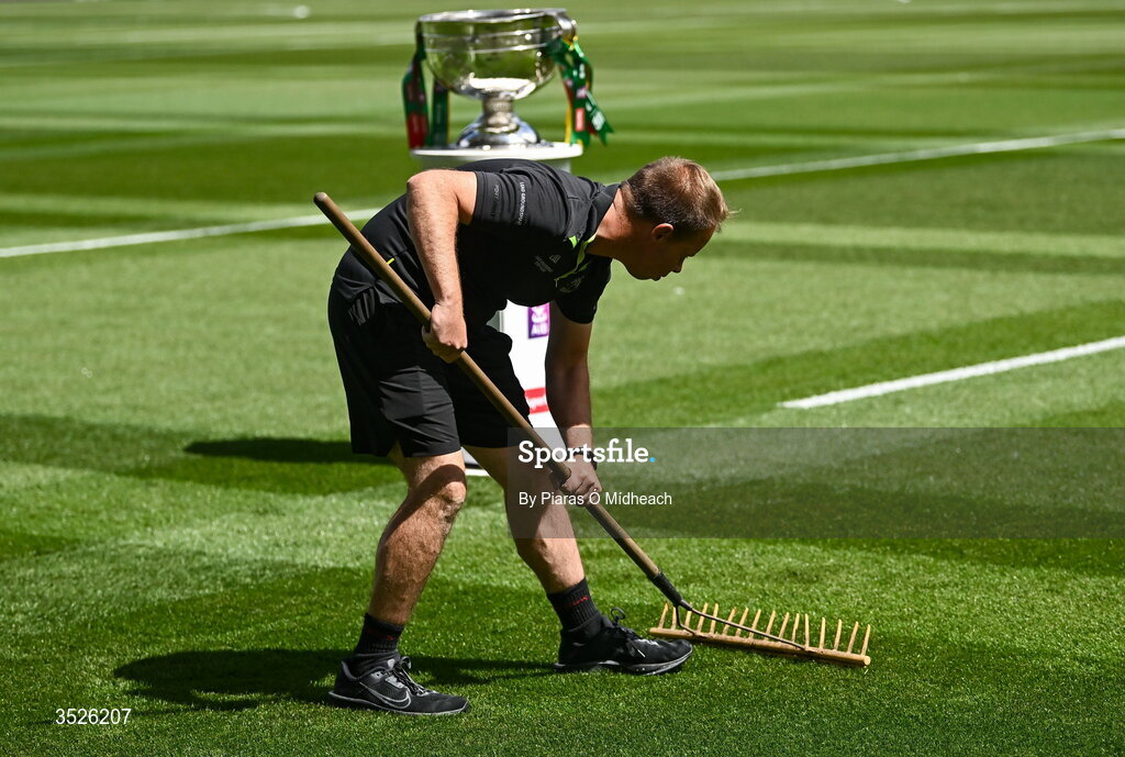 26 July 2026; Groundsman Keith Cawley tends to the pitch, near the Sam Maguire Cup, before the GAA Football All-Ireland Senior Championship final match between Kerry and Mayo at Croke Park in Dublin. Photo by Piaras Ó Mídheach/Sportsfile