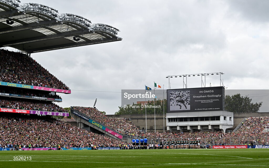26 July 2026; The big screen during a minute's silence for the former Monaghan footballer Stephen Gollogly, who passed away recently, before the GAA Football All-Ireland Senior Championship final match between Kerry and Mayo at Croke Park in Dublin. Photo by Piaras Ó Mídheach/Sportsfile