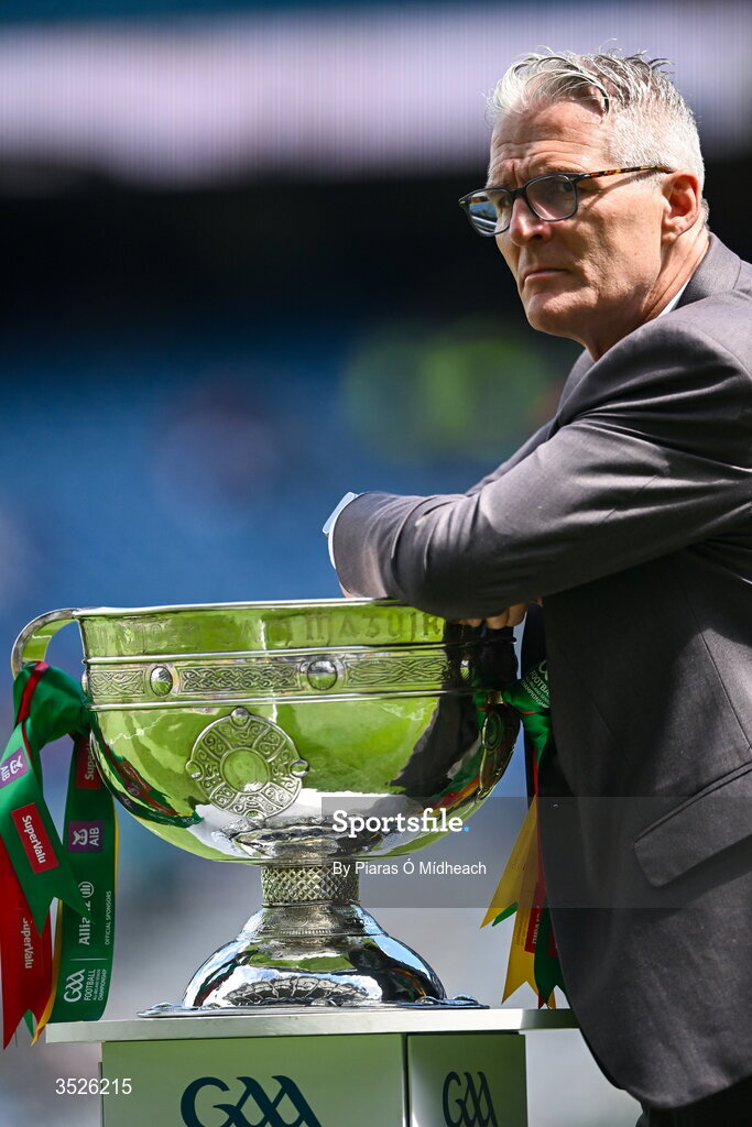 26 July 2026; Uachtarán Chumann Lúthchleas Gael Jarlath Burns with the Sam Maguire Cup before the GAA Football All-Ireland Senior Championship final match between Kerry and Mayo at Croke Park in Dublin. Photo by Piaras Ó Mídheach/Sportsfile