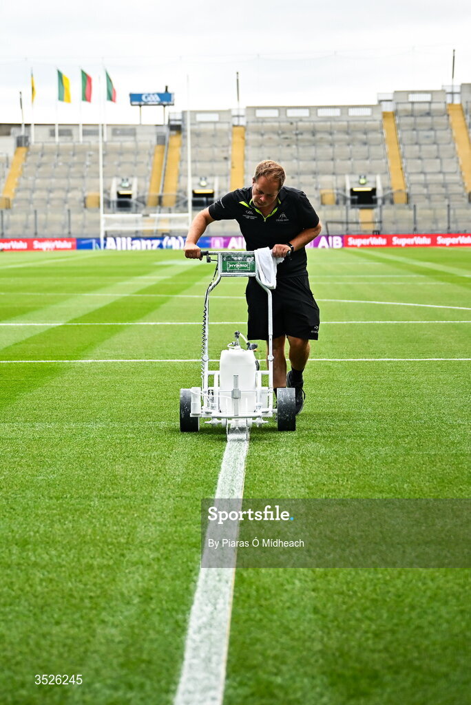 26 July 2026; Groundsman Keith Cawley lines the pitch before the GAA Football All-Ireland Senior Championship final match between Kerry and Mayo at Croke Park in Dublin. Photo by Piaras Ó Mídheach/Sportsfile