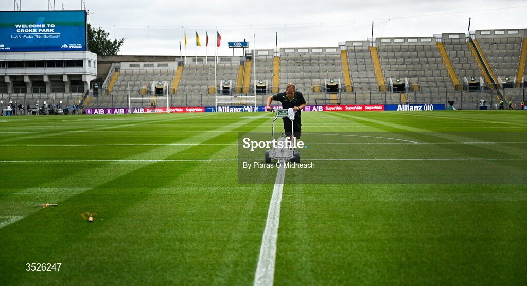 26 July 2026; Groundsman Keith Cawley lines the pitch before the GAA Football All-Ireland Senior Championship final match between Kerry and Mayo at Croke Park in Dublin. Photo by Piaras Ó Mídheach/Sportsfile