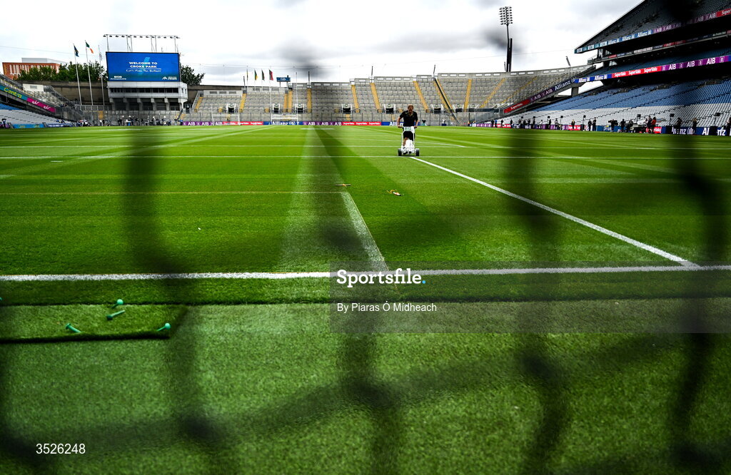 26 July 2026; Groundsman Keith Cawley lines the pitch before the GAA Football All-Ireland Senior Championship final match between Kerry and Mayo at Croke Park in Dublin. Photo by Piaras Ó Mídheach/Sportsfile
