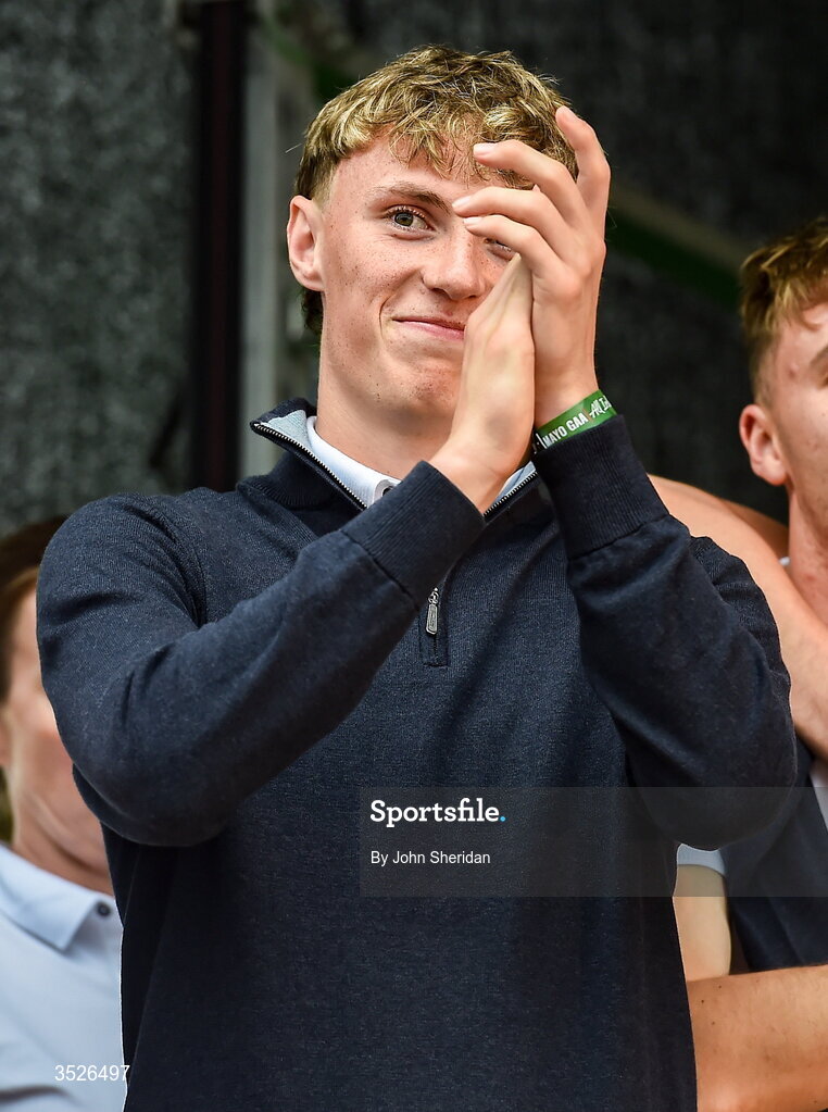 27 July 2026; Kobe McDonald of Mayo during the homecoming at Castlebar in Mayo, after being crowned All-Ireland Senior Football champions following their victory over Kerry in the GAA All-Ireland Senior Football Championship final at Croke Park on Sunday. Photo by John Sheridan/Sportsfile