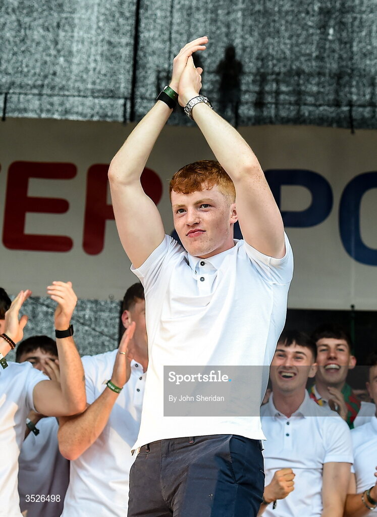 27 July 2026; Darragh Beirne of Mayo during the homecoming at Castlebar in Mayo, after being crowned All-Ireland Senior Football champions following their victory over Kerry in the GAA All-Ireland Senior Football Championship final at Croke Park on Sunday. Photo by John Sheridan/Sportsfile