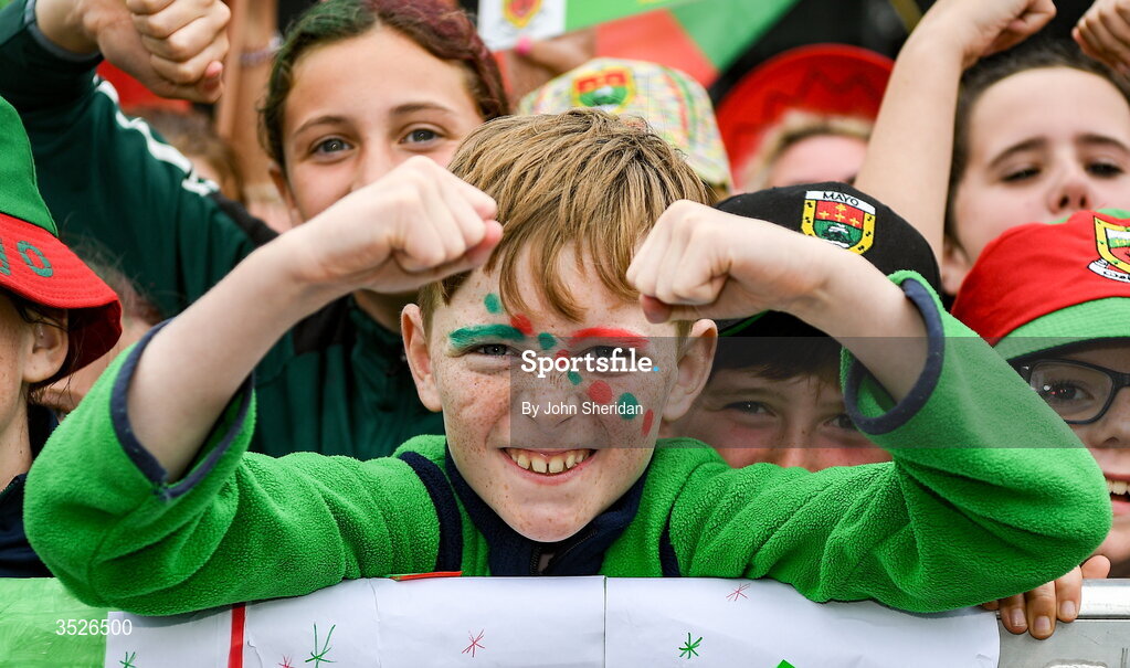 27 July 2026; A young Mayo supporter during the homecoming at Castlebar in Mayo, after being crowned All-Ireland Senior Football champions following their victory over Kerry in the GAA All-Ireland Senior Football Championship final at Croke Park on Sunday. Photo by John Sheridan/Sportsfile