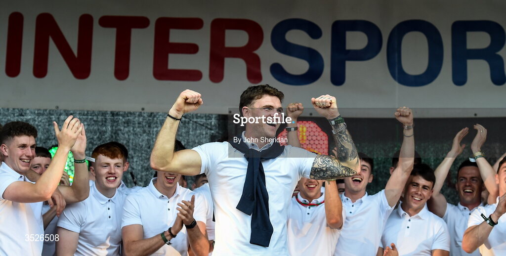 27 July 2026; Jordan Flynn of Mayo during the homecoming at Castlebar in Mayo, after being crowned All-Ireland Senior Football champions following their victory over Kerry in the GAA All-Ireland Senior Football Championship final at Croke Park on Sunday. Photo by John Sheridan/Sportsfile