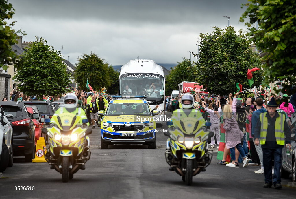 27 July 2026; The Mayo team recieve an escort from An Garda Síochána before the homecoming at Castlebar in Mayo, after being crowned All-Ireland Senior Football champions following their victory over Kerry in the GAA All-Ireland Senior Football Championship final at Croke Park on Sunday. Photo by John Sheridan/Sportsfile