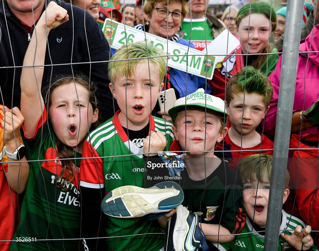 27 July 2026; Mayo supporters, from left, Sive, Charlie, Oisin, Seanai and Daithi during the homecoming at Castlebar in Mayo, after being crowned All-Ireland Senior Football champions following their victory over Kerry in the GAA All-Ireland Senior Football Championship final at Croke Park on Sunday. Photo by John Sheridan/Sportsfile