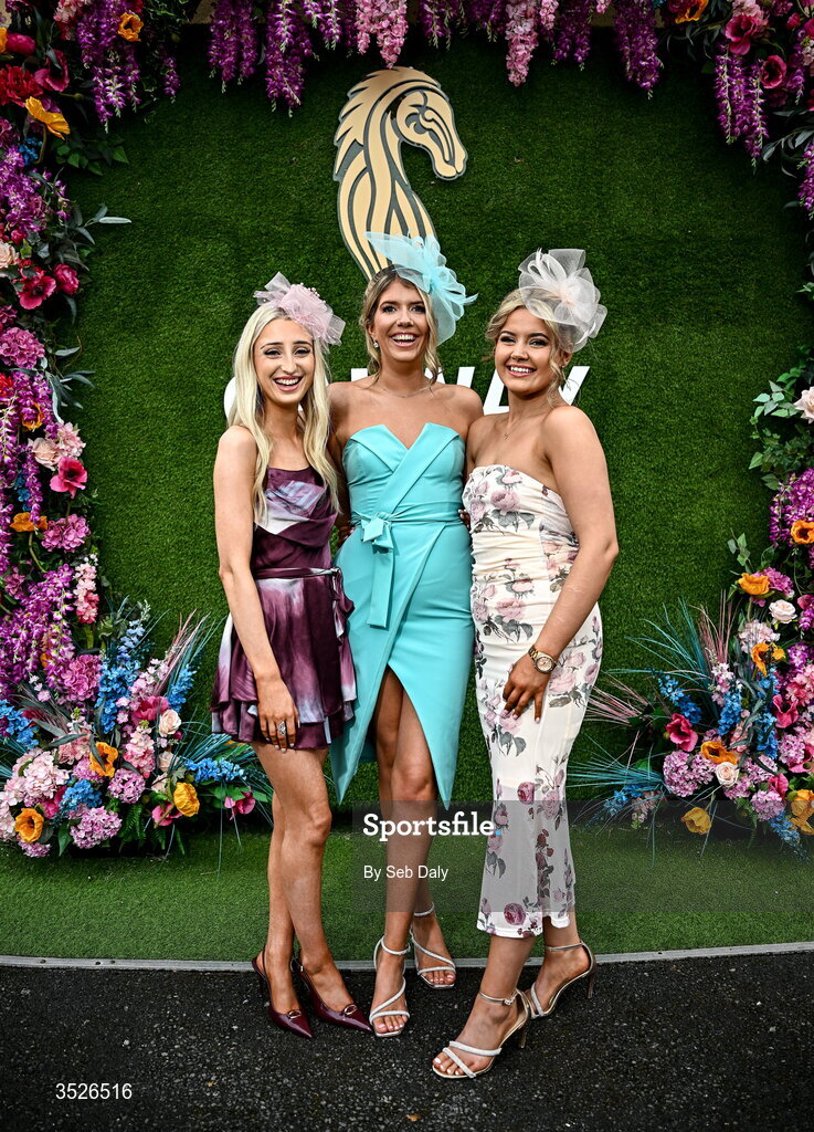 29 July 2026; Racegoers, from left, Gina Giles and Aoife Owens, from Inverin, Galway, and Jenna Curran, from Moycullen, Galway, during day three of the Galway Races Summer Festival at Ballybrit Racecourse in Galway. Photo by Seb Daly/Sportsfile