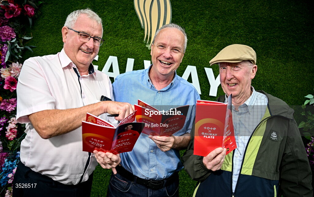 29 July 2026; Racegoers, from left, Dan ryan, from Cappawhite, Tipperary, Fachtna O'Donovan, from Ballycummin, Limerick, and Gerard Reidy, from Meelick, Clare, during day three of the Galway Races Summer Festival at Ballybrit Racecourse in Galway. Photo by Seb Daly/Sportsfile