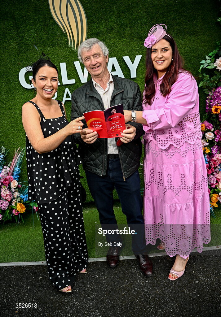 29 July 2026; Racegoers, from left, Emma O'Riordan, Noel O'Doherty, and Carol Egan, from Newcastle West, Limerick, during day three of the Galway Races Summer Festival at Ballybrit Racecourse in Galway. Photo by Seb Daly/Sportsfile