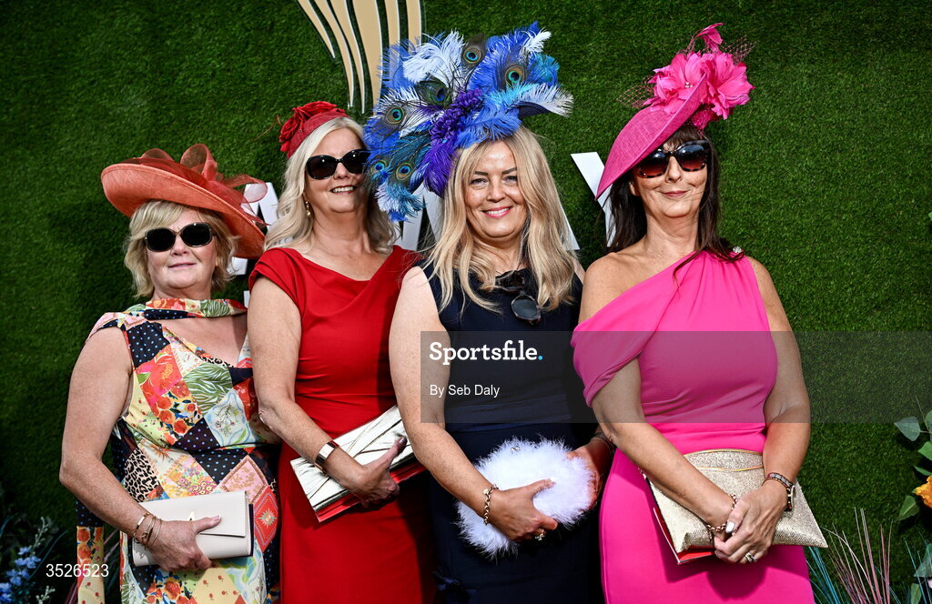 29 July 2026; Racegoers, from left, Margaret Gildea, Ann Ryan, Josephine Ryan, and Kathleen Ryan, from Drombane, Tipperary, during day three of the Galway Races Summer Festival at Ballybrit Racecourse in Galway. Photo by Seb Daly/Sportsfile