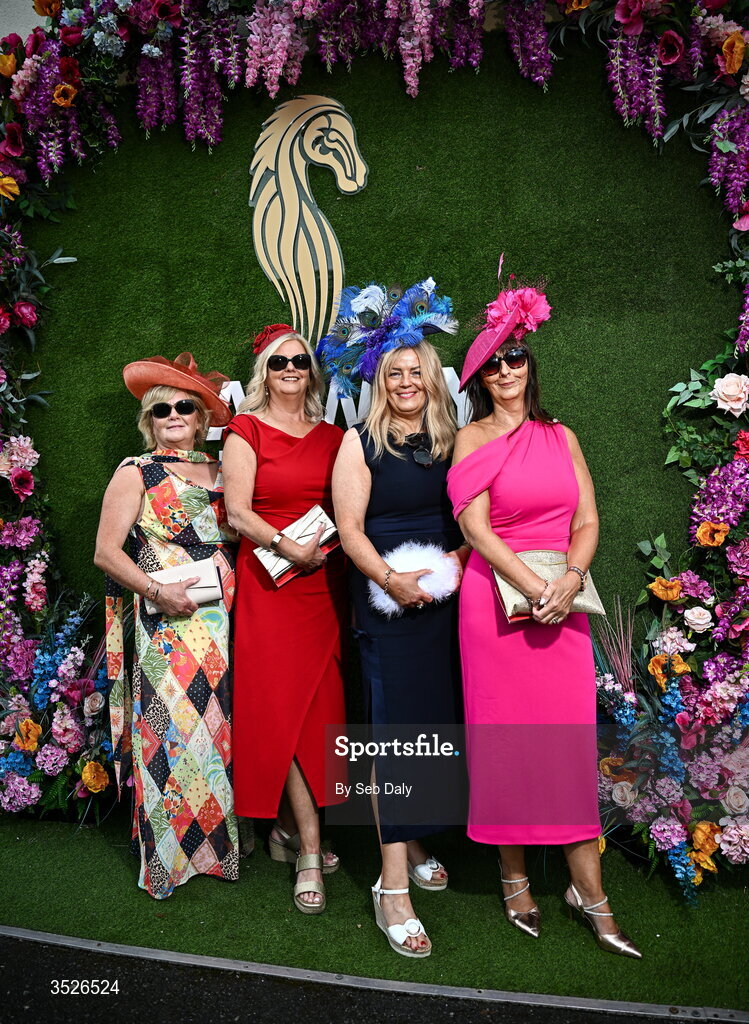 29 July 2026; Racegoers, from left, Margaret Gildea, Ann Ryan, Josephine Ryan, and Kathleen Ryan, from Drombane, Tipperary, during day three of the Galway Races Summer Festival at Ballybrit Racecourse in Galway. Photo by Seb Daly/Sportsfile