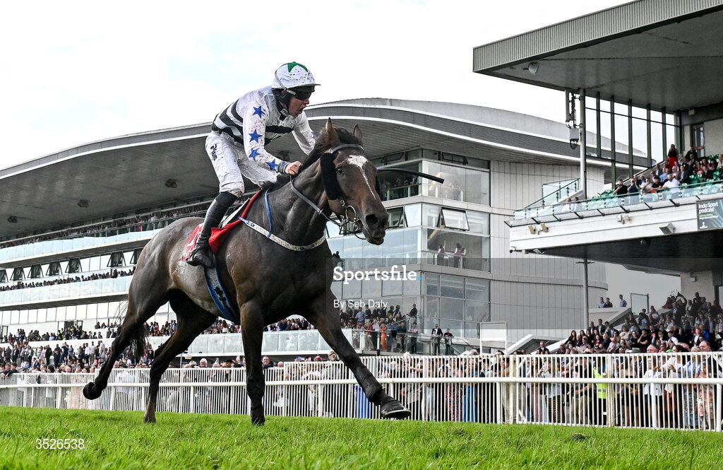29 July 2026; Jockey Declan Queally celebrates as he crosses the line to win the Tote.ie Handicap Hurdle on Mighty Berkshire during day three of the Galway Races Summer Festival at Ballybrit Racecourse in Galway. Photo by Seb Daly/Sportsfile