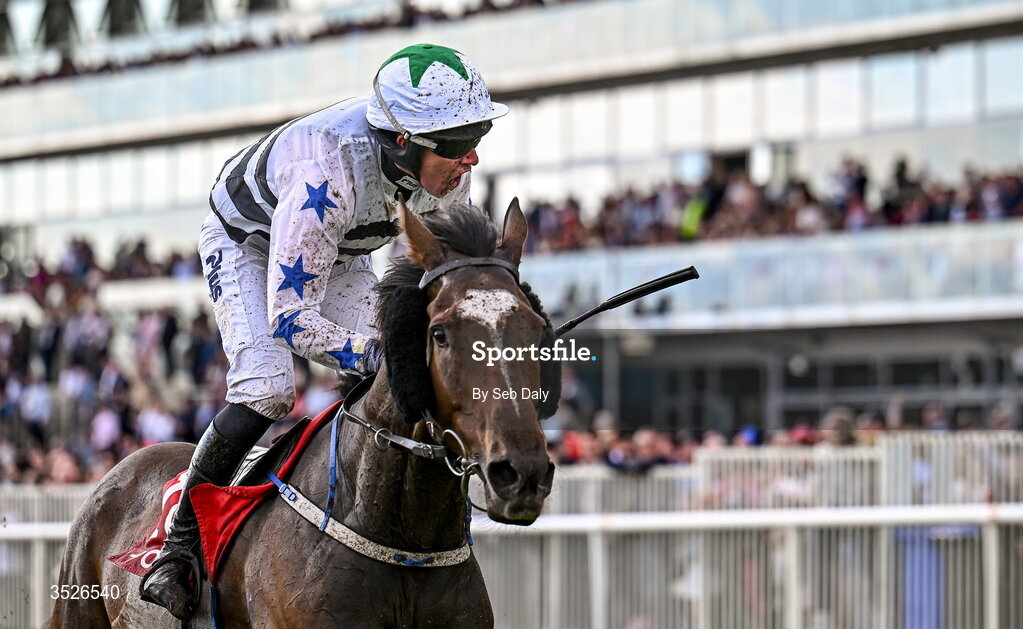 29 July 2026; Jockey Declan Queally celebrates as he crosses the line to win the Tote.ie Handicap Hurdle on Mighty Berkshire during day three of the Galway Races Summer Festival at Ballybrit Racecourse in Galway. Photo by Seb Daly/Sportsfile