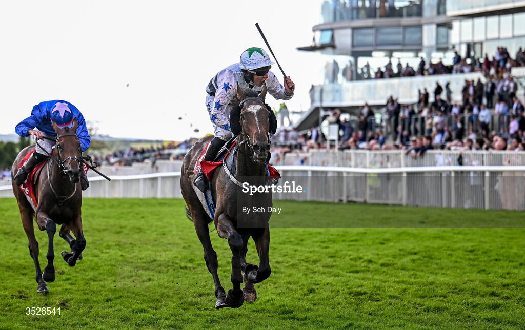 29 July 2026; Jockey Declan Queally celebrates as he crosses the line to win the Tote.ie Handicap Hurdle on Mighty Berkshire during day three of the Galway Races Summer Festival at Ballybrit Racecourse in Galway. Photo by Seb Daly/Sportsfile