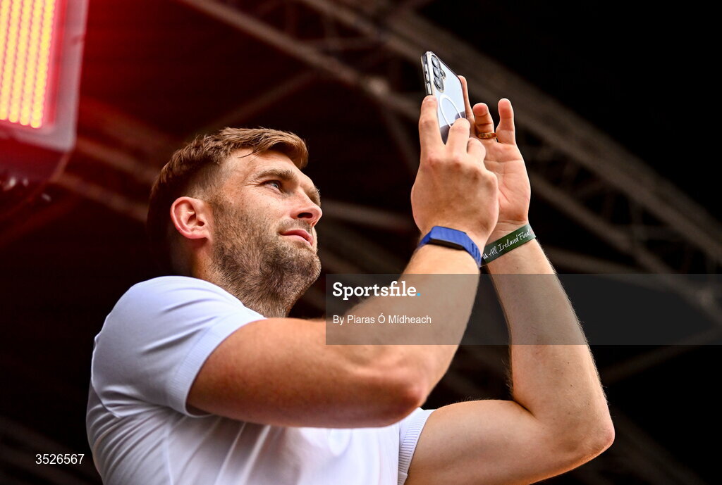 27 July 2026; Mayo footballer Aidan O'Shea takes a photograph during the homecoming celebrations of the All-Ireland Senior Football Champions at Hastings Insurance MacHale Park in Castlebar, Mayo. Photo by Piaras Ó Mídheach/Sportsfile