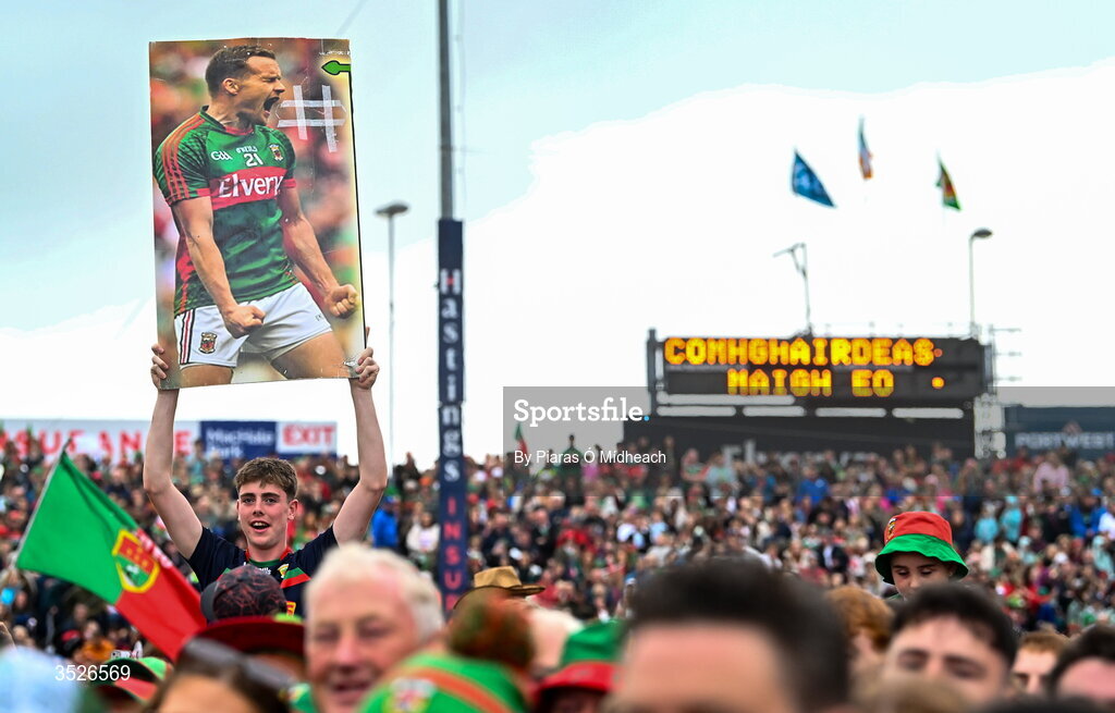 27 July 2026; A banner of Mayo manager Andy Moran during his playing days during the homecoming celebrations of the All-Ireland Senior Football Champions at Hastings Insurance MacHale Park in Castlebar, Mayo. Photo by Piaras Ó Mídheach/Sportsfile