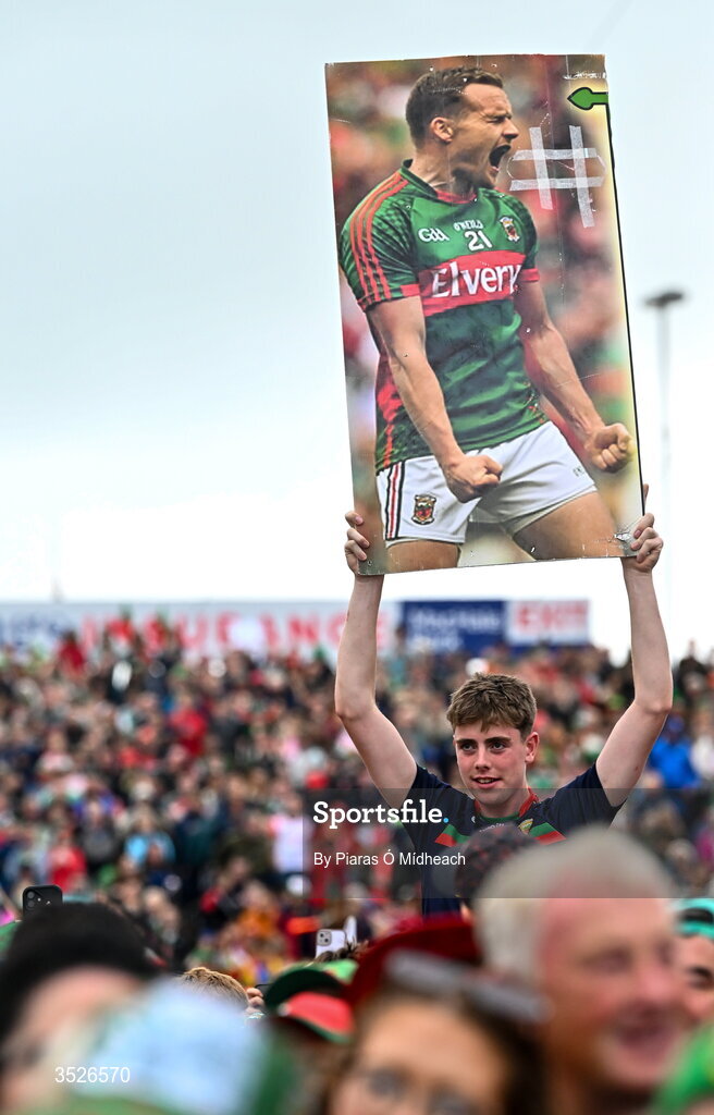 27 July 2026; A banner of Mayo manager Andy Moran during his playing days during the homecoming celebrations of the All-Ireland Senior Football Champions at Hastings Insurance MacHale Park in Castlebar, Mayo. Photo by Piaras Ó Mídheach/Sportsfile