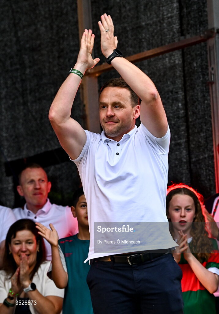 27 July 2026; Mayo manager Andy Moran during the homecoming celebrations of the All-Ireland Senior Football Champions at Hastings Insurance MacHale Park in Castlebar, Mayo. Photo by Piaras Ó Mídheach/Sportsfile