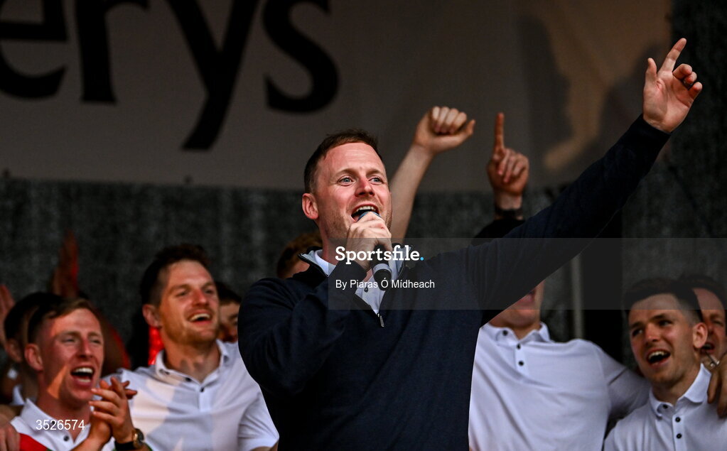27 July 2026; Mayo footballer Rob Hennelly during the homecoming celebrations of the All-Ireland Senior Football Champions at Hastings Insurance MacHale Park in Castlebar, Mayo. Photo by Piaras Ó Mídheach/Sportsfile