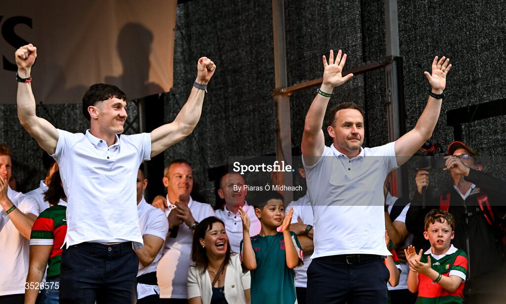 27 July 2026; Mayo captain Jack Coyne, left, and Mayo manager Andy Moran during the homecoming celebrations of the All-Ireland Senior Football Champions at Hastings Insurance MacHale Park in Castlebar, Mayo. Photo by Piaras Ó Mídheach/Sportsfile