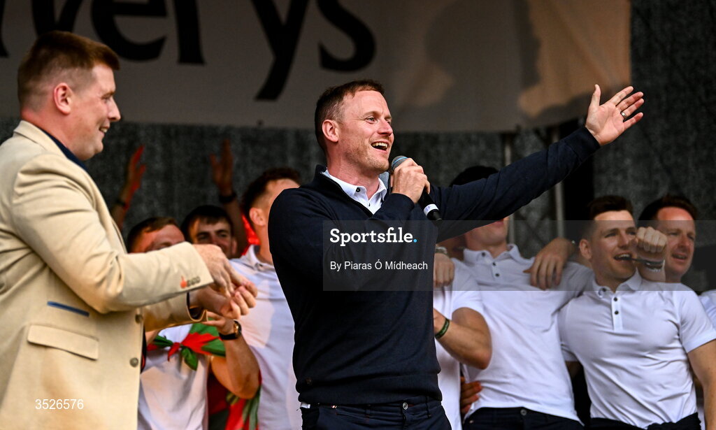 27 July 2026; Mayo footballer Rob Hennelly during the homecoming celebrations of the All-Ireland Senior Football Champions at Hastings Insurance MacHale Park in Castlebar, Mayo. Photo by Piaras Ó Mídheach/Sportsfile