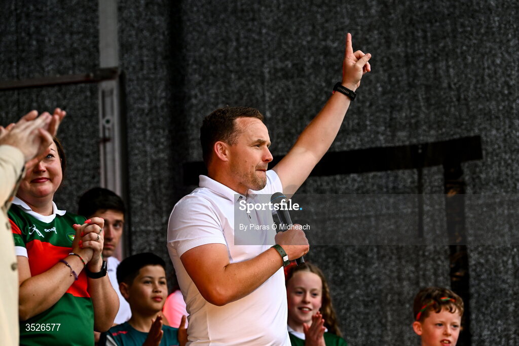 27 July 2026; Mayo manager Andy Moran during the homecoming celebrations of the All-Ireland Senior Football Champions at Hastings Insurance MacHale Park in Castlebar, Mayo. Photo by Piaras Ó Mídheach/Sportsfile