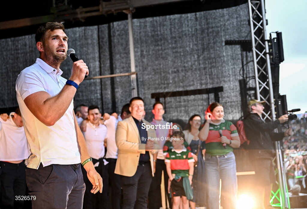 27 July 2026; Mayo footballer Aidan O'Shea during the homecoming celebrations of the All-Ireland Senior Football Champions at Hastings Insurance MacHale Park in Castlebar, Mayo. Photo by Piaras Ó Mídheach/Sportsfile