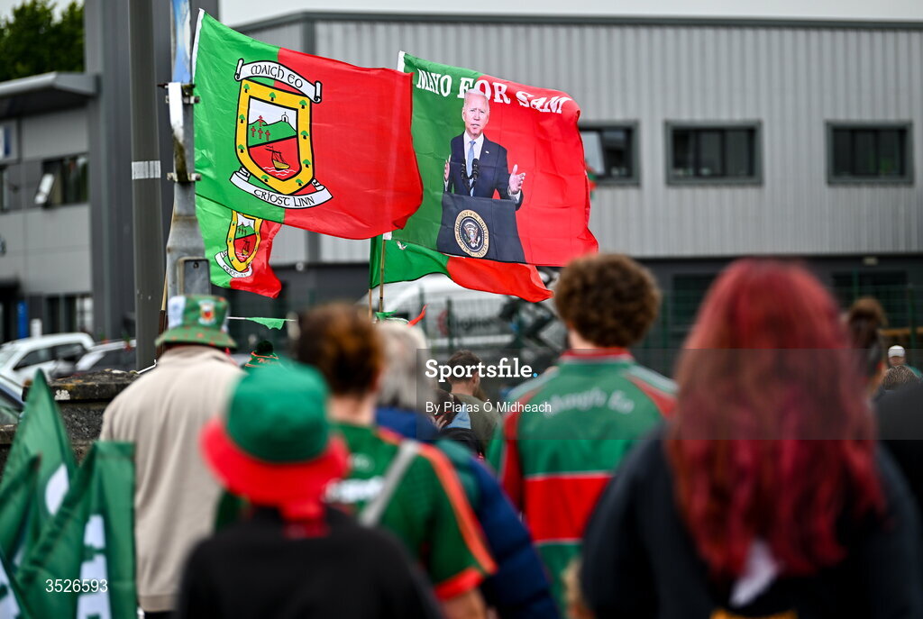 27 July 2026; Mayo flags on sale near the stadium before the homecoming celebrations of the All-Ireland Senior Football Champions at Hastings Insurance MacHale Park in Castlebar, Mayo. Photo by Piaras Ó Mídheach/Sportsfile