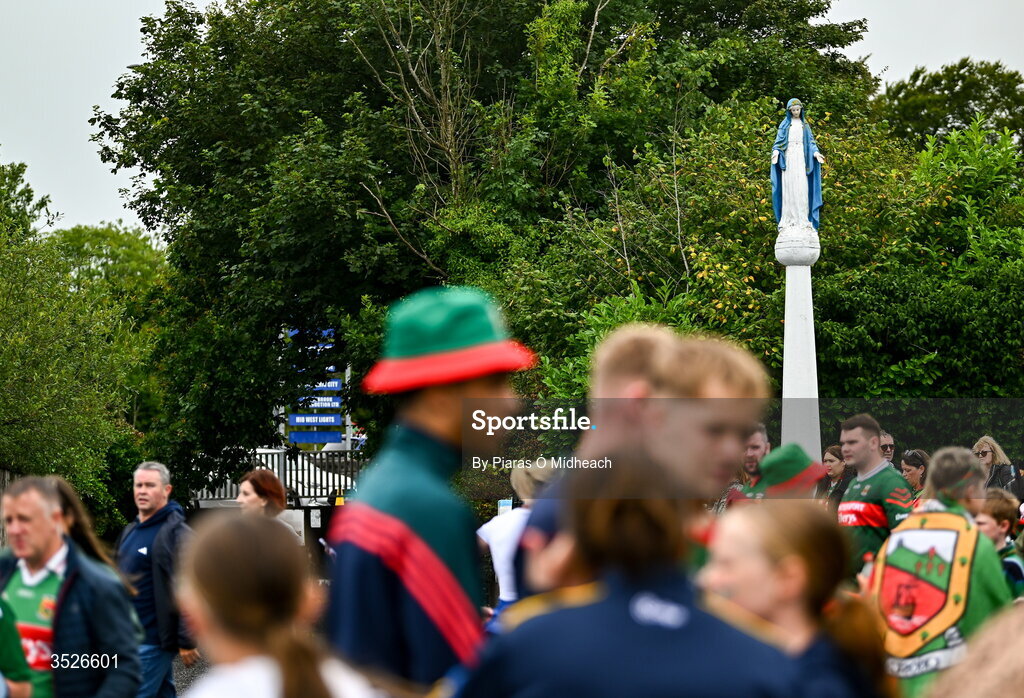 27 July 2026; Mayo supporters walk past the Virgin Mary statue close to the ground during the homecoming celebrations of the All-Ireland Senior Football Champions at Hastings Insurance MacHale Park in Castlebar, Mayo. Photo by Piaras Ó Mídheach/Sportsfile