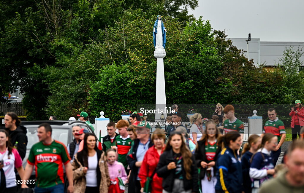 27 July 2026; Mayo supporters walk past the Virgin Mary statue close to the ground during the homecoming celebrations of the All-Ireland Senior Football Champions at Hastings Insurance MacHale Park in Castlebar, Mayo. Photo by Piaras Ó Mídheach/Sportsfile