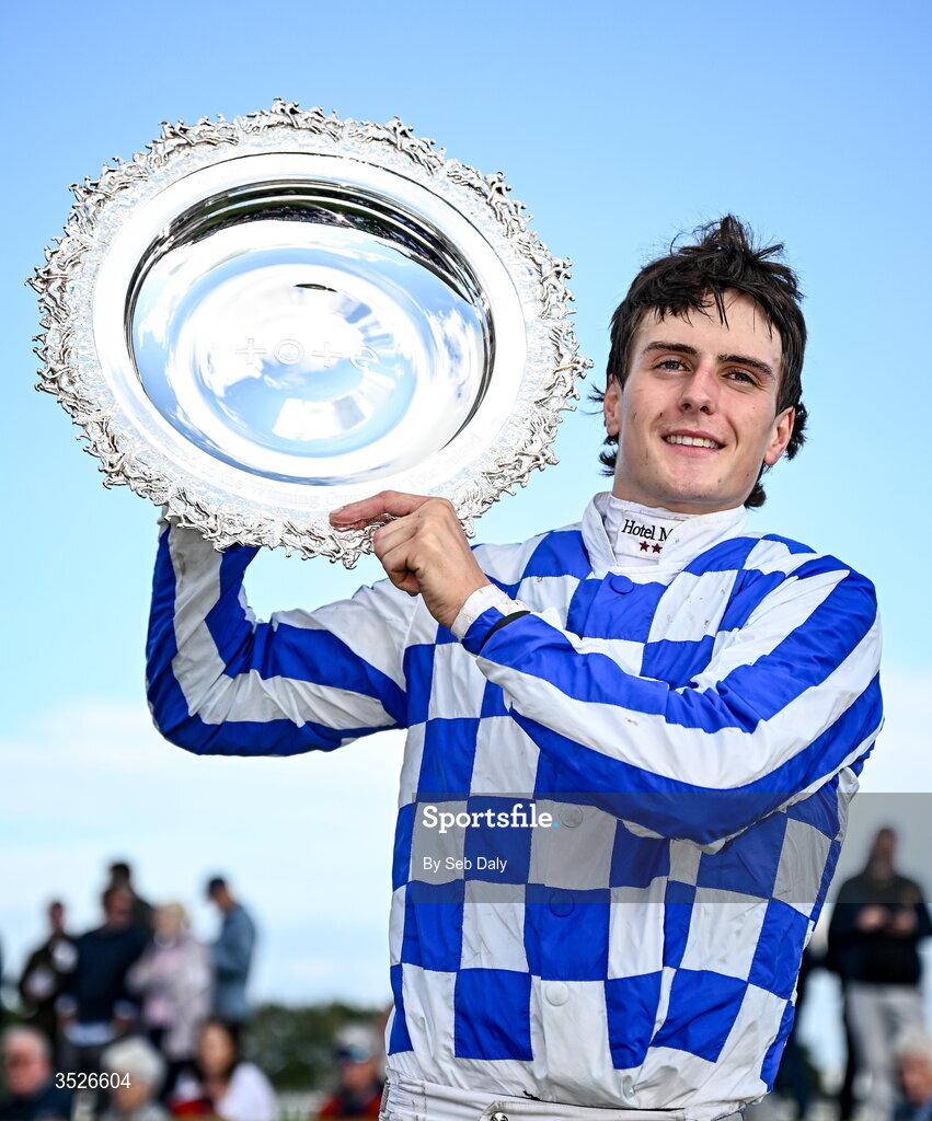 29 July 2026; Jockey Daniel King celebrates with the trophy after winning the Tote Galway Plate on King Alexander during day three of the Galway Races Summer Festival at Ballybrit Racecourse in Galway. Photo by Seb Daly/Sportsfile
