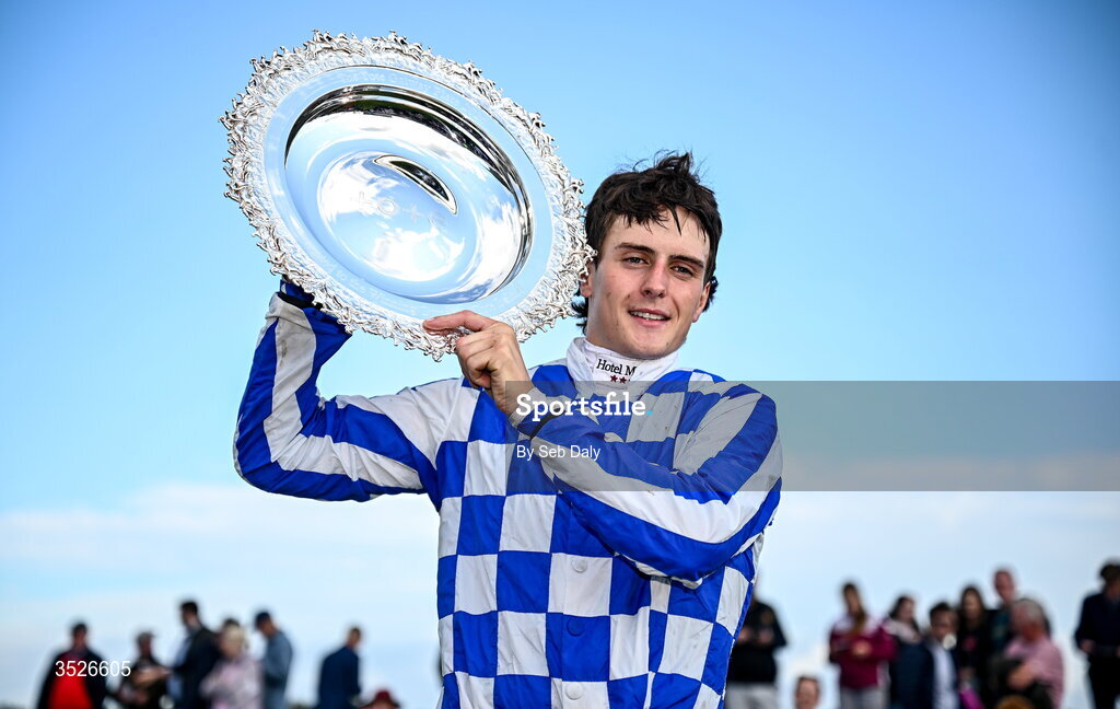 29 July 2026; Jockey Daniel King celebrates with the trophy after winning the Tote Galway Plate on King Alexander during day three of the Galway Races Summer Festival at Ballybrit Racecourse in Galway. Photo by Seb Daly/Sportsfile