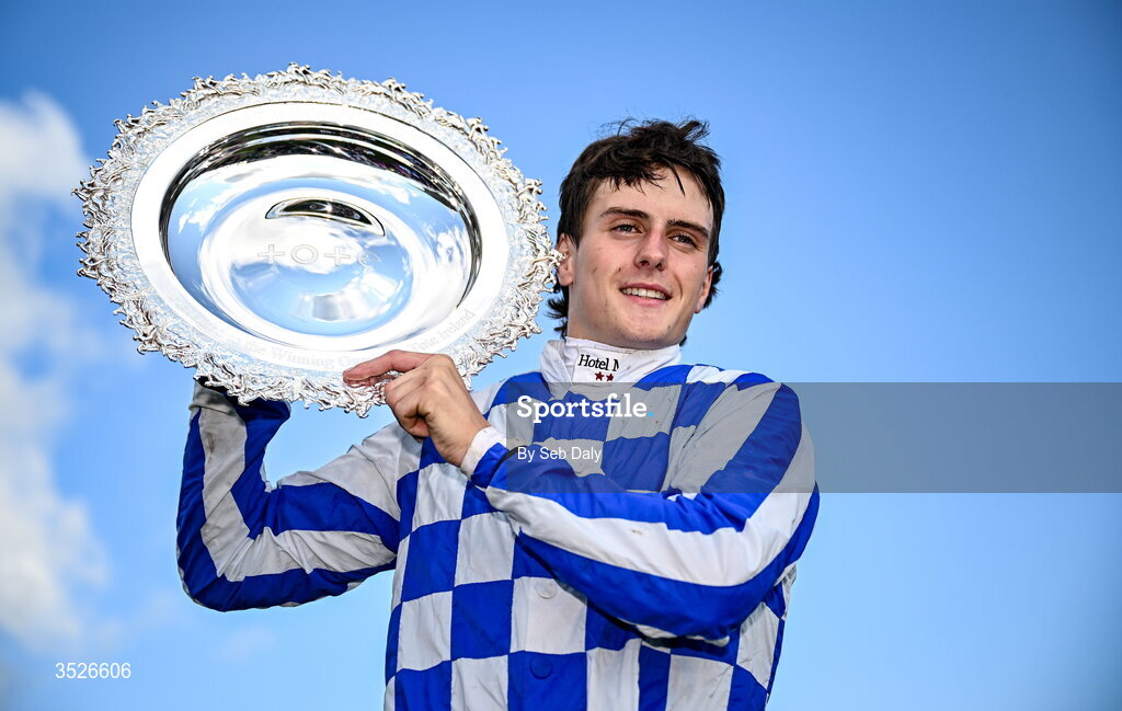 29 July 2026; Jockey Daniel King celebrates with the trophy after winning the Tote Galway Plate on King Alexander during day three of the Galway Races Summer Festival at Ballybrit Racecourse in Galway. Photo by Seb Daly/Sportsfile