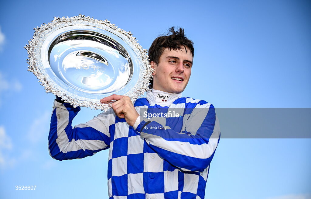 29 July 2026; Jockey Daniel King celebrates with the trophy after winning the Tote Galway Plate on King Alexander during day three of the Galway Races Summer Festival at Ballybrit Racecourse in Galway. Photo by Seb Daly/Sportsfile