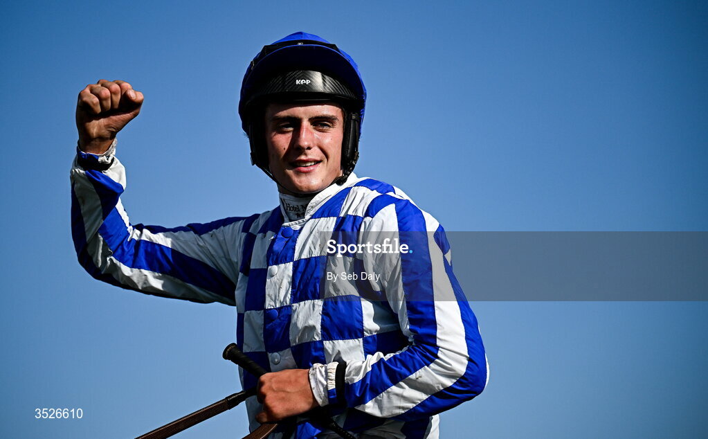29 July 2026; Jockey Daniel King celebrates after winning the Tote Galway Plate on King Alexander during day three of the Galway Races Summer Festival at Ballybrit Racecourse in Galway. Photo by Seb Daly/Sportsfile