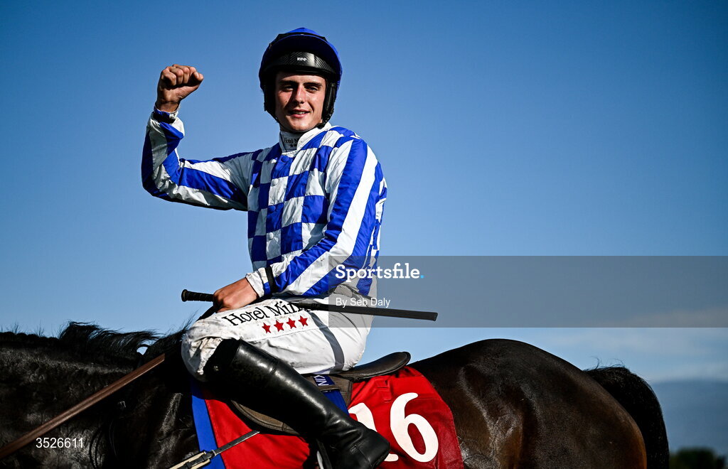 29 July 2026; Jockey Daniel King celebrates after winning the Tote Galway Plate on King Alexander during day three of the Galway Races Summer Festival at Ballybrit Racecourse in Galway. Photo by Seb Daly/Sportsfile