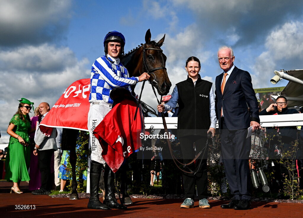 29 July 2026; Jockey Daniel King and trainer Willie Mullins with King Alexander after winning the Tote Galway Plate during day three of the Galway Races Summer Festival at Ballybrit Racecourse in Galway. Photo by Seb Daly/Sportsfile