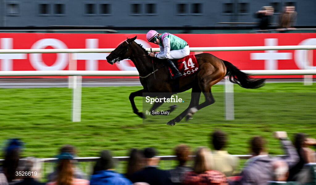 29 July 2026; Abbotsford, with Finian Maguire up, on their way to winning the Visit Tote26 Maiden during day three of the Galway Races Summer Festival at Ballybrit Racecourse in Galway. Photo by Seb Daly/Sportsfile