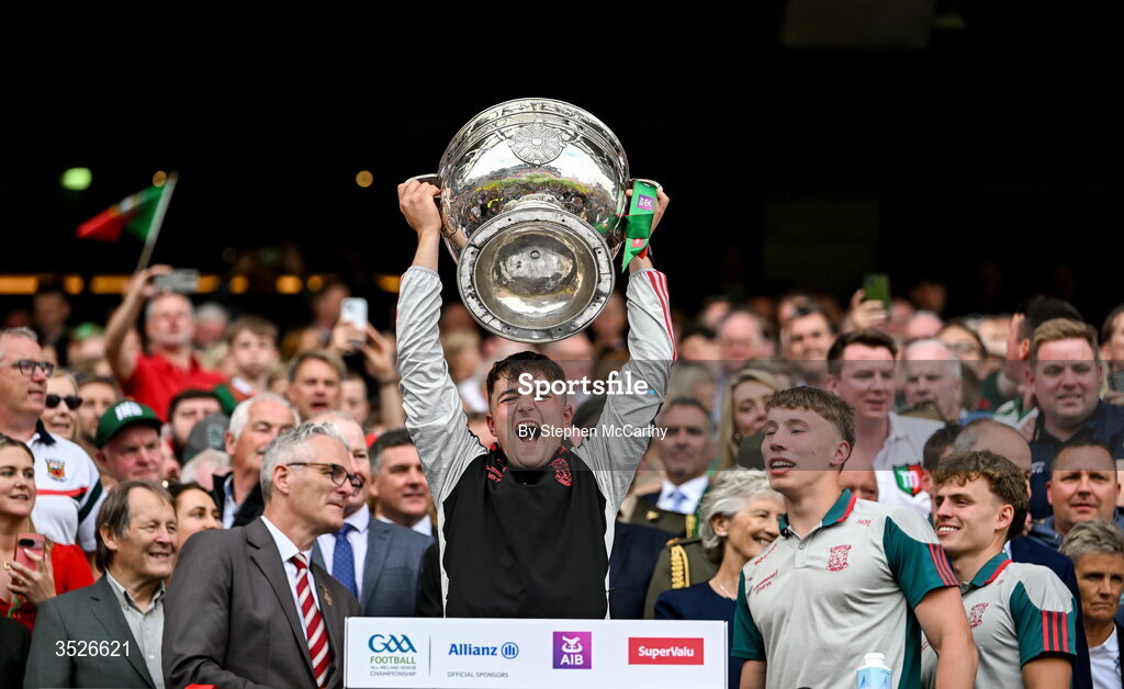 26 July 2026; Tom Lydon of Mayo lifts the Sam Maguire Cup following the GAA Football All-Ireland Senior Championship final match between Kerry and Mayo at Croke Park in Dublin. Photo by Stephen McCarthy/Sportsfile
