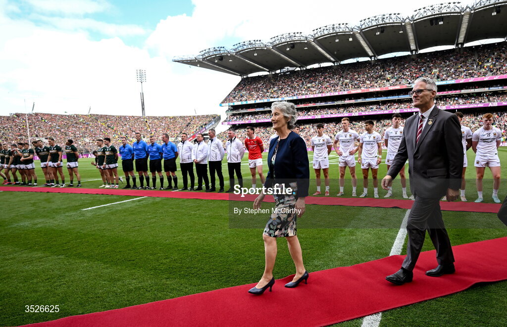 26 July 2026; President of Ireland Catherine Connolly and Uachtarán Chumann Lúthchleas Gael Jarlath Burns before the GAA Football All-Ireland Senior Championship final match between Kerry and Mayo at Croke Park in Dublin. Photo by Stephen McCarthy/Sportsfile