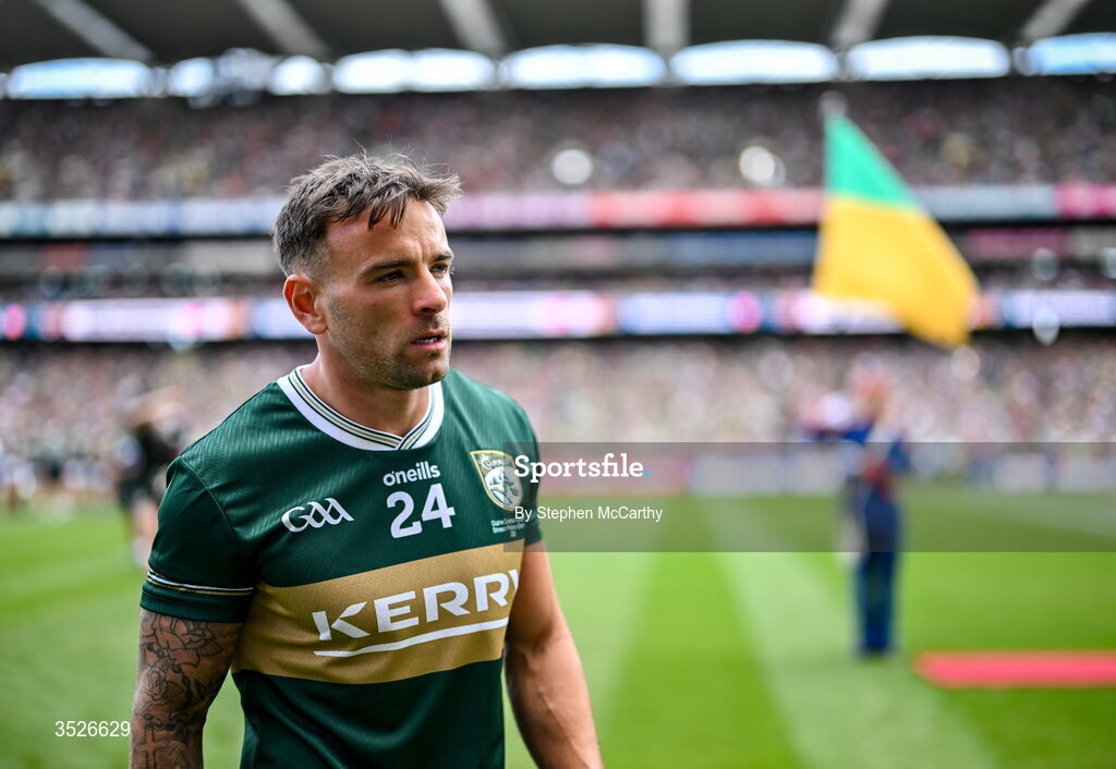 26 July 2026; Micheál Burns of Kerry before the GAA Football All-Ireland Senior Championship final match between Kerry and Mayo at Croke Park in Dublin. Photo by Stephen McCarthy/Sportsfile