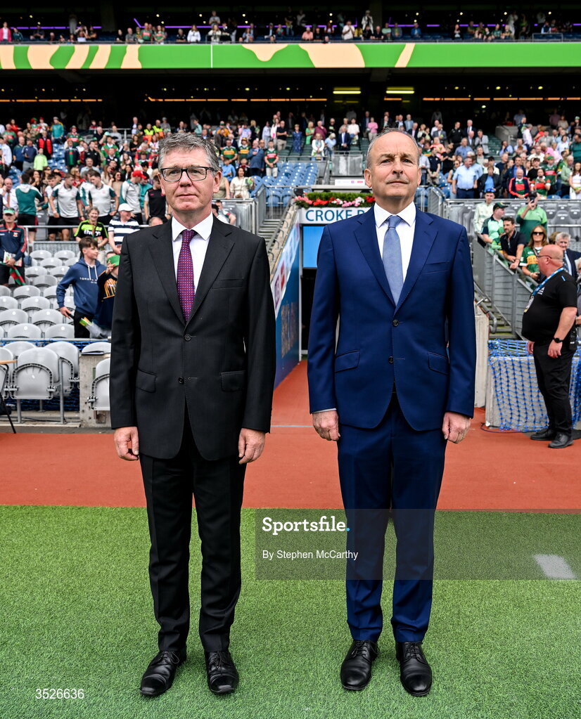 26 July 2026; Ard Stiúrthóir of the GAA Tom Ryan and An Taoiseach Micheál Martin TD, right, during the GAA Football All-Ireland Senior Championship final match between Kerry and Mayo at Croke Park in Dublin. Photo by Stephen McCarthy/Sportsfile