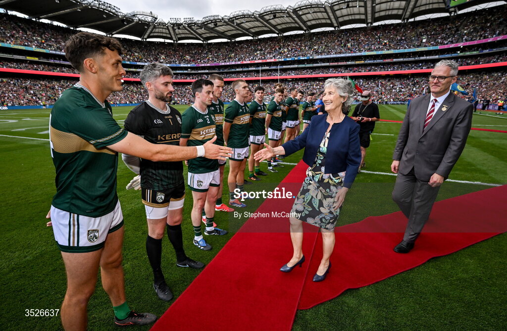 26 July 2026; President of Ireland Catherine Connolly, in the company of Uachtarán Chumann Lúthchleas Gael Jarlath Burns, meets Kerry captain David Clifford during the GAA Football All-Ireland Senior Championship final match between Kerry and Mayo at Croke Park in Dublin. Photo by Stephen McCarthy/Sportsfile