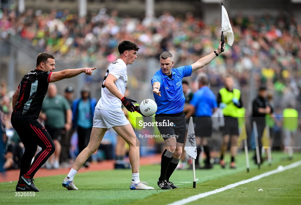 26 July 2026; Line umpire Thomas Murphy with Mayo manager Andy Moran and Bob Tuohy during the GAA Football All-Ireland Senior Championship final match between Kerry and Mayo at Croke Park in Dublin. Photo by Stephen McCarthy/Sportsfile