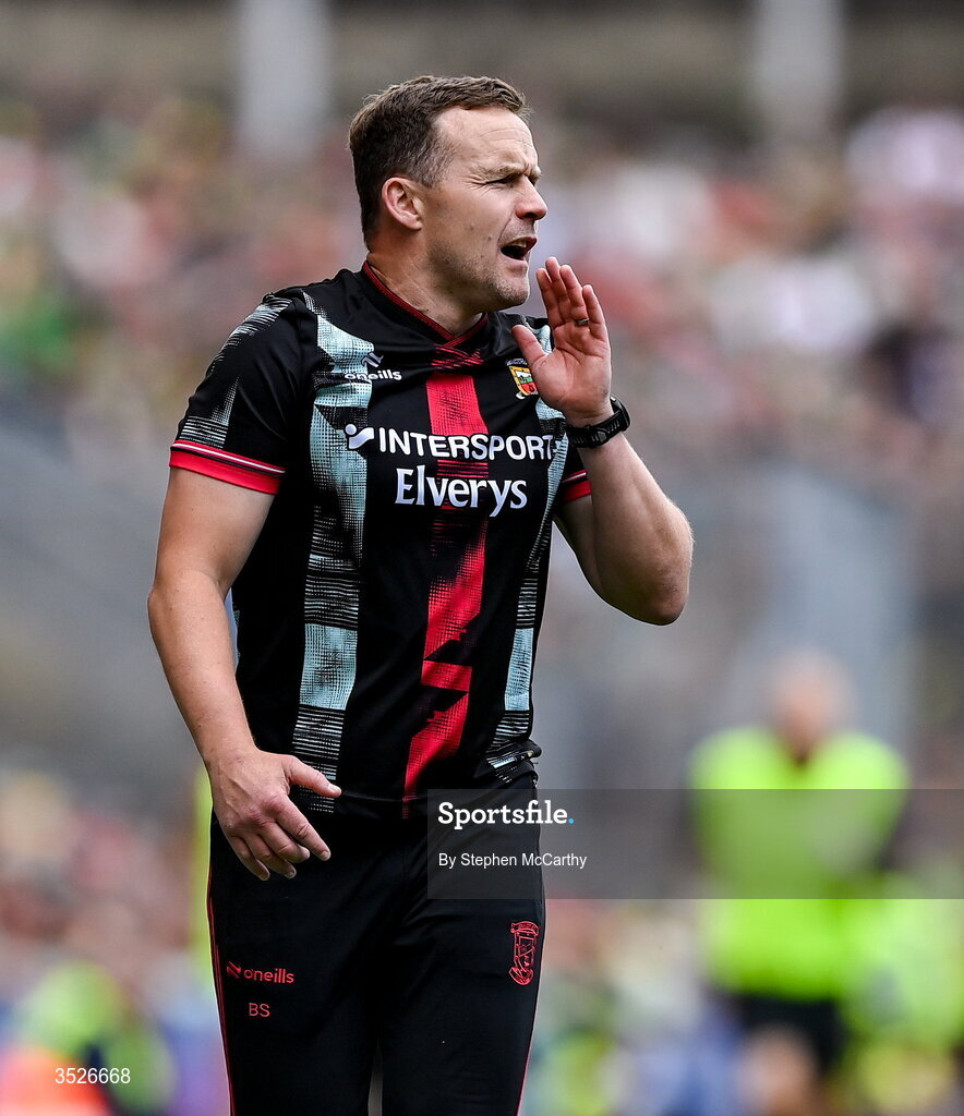 26 July 2026; Mayo manager Andy Moran during the GAA Football All-Ireland Senior Championship final match between Kerry and Mayo at Croke Park in Dublin. Photo by Stephen McCarthy/Sportsfile